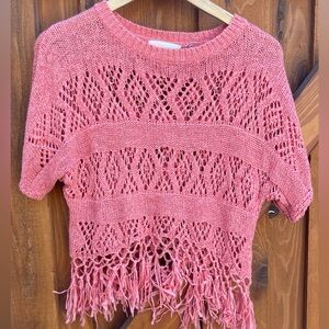 Pink fringe baggy oversized knit sweater boho bohemian poncho hippie crochet M